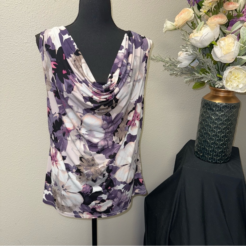 DKNY Floral Cowl Neck Sleeveless Top Purple White Size XL - Picture 1 of 7